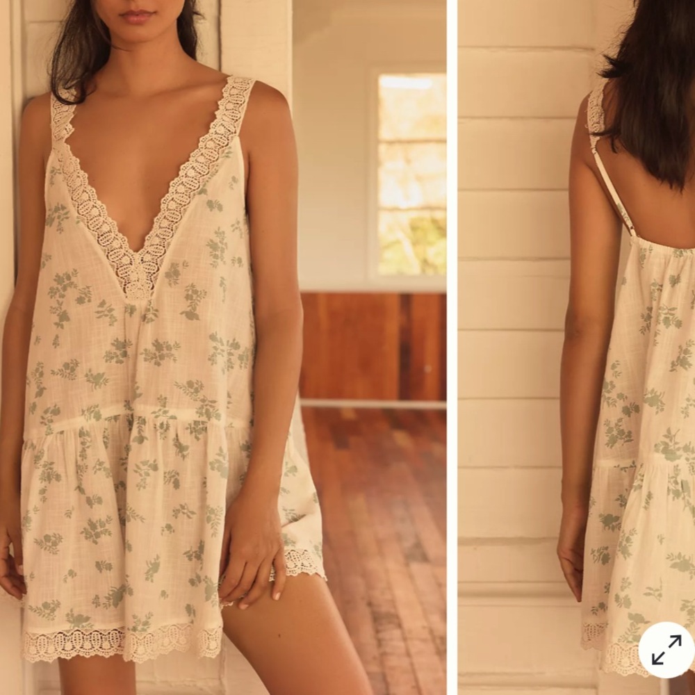 Women's whiteAnthropologie Embroidered-Trim V-Neck Mini Sleep Dress